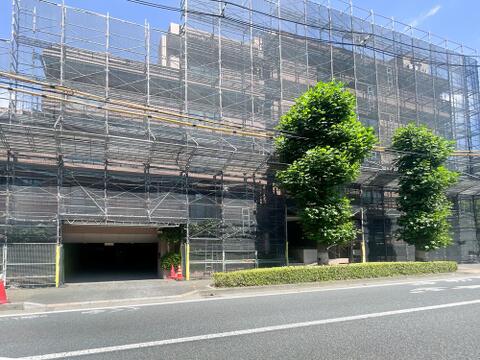 前面道路沿いに美しい並木が整然と立ち並ぶ、緑豊かなアプローチ。敷地内への入庫動線も広く確保されており、大規模修繕による適切な維持管理が行われているため、資産価値の面でも非常に心強い佇まいです。