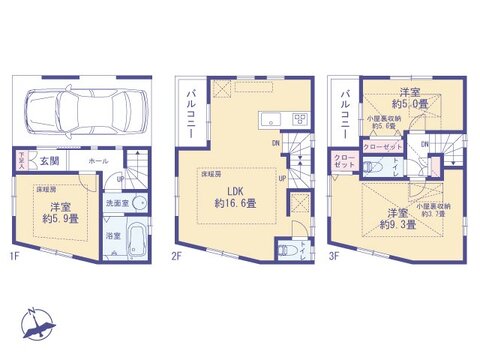 3層構造の広々とした間取り図で、ご家族それぞれのプライベート空間を確保。16.6帖のLDKは家族の会話が弾む中心となり、子育て世代に嬉しいゆとりの設計です。