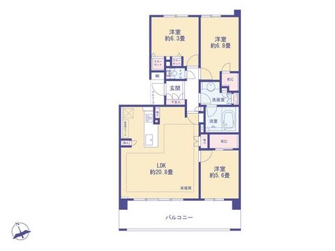 20帖超の広々LDKと充実の収納が魅力の3LDK。2つのWICや随所の物入で住空間すっきり。