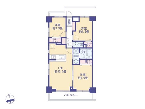 LDK約12.0帖を備えた3LDKの間取り。各居室に収納がある機能的で暮らしやすいレイアウト。