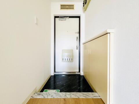大理石調の上がり框が高級感を演出する玄関。シューズボックスの上にはお好きなインテリアを飾れます。
