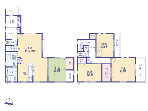 全居室6帖以上のゆとりある4LDKです。1階のLDKは広々とした約18.2帖で、ご家族がゆったりくつろげる空間です。2階にはウォークインクローゼットなど各所に収納が充実。