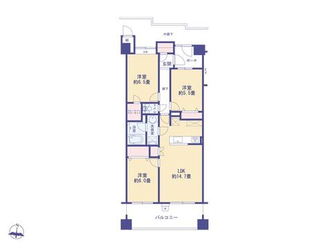 専有面積71.79平米のゆとりある2LDK。6階建の3階部分で、南向きバルコニーにつき陽当たり良好です。