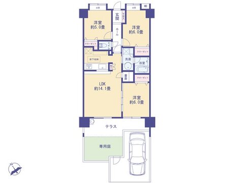 専用庭・テラス・駐車場付き。テレワークに最適な書斎や床下収納を備えた広々LDK14.1帖の3LDK。