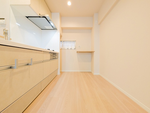 すれ違いもスムーズに行えるゆとりあるキッチン通路。奥にはカウンター棚を設置しており、家電配置や作業スペースに便利です。