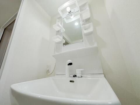 鏡や照明、小物を置ける収納スペースを備えた洗面化粧台。洗面用品をまとめながら、洗顔や歯磨き、身支度など毎日の生活に活用できます。