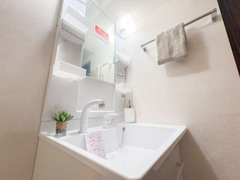 鏡の横に立体的な棚が備わっており、小物やコスメを整理整頓しやすい機能的なデザインです。コンセントも配置されており、身支度がスムーズに整う便利な空間です。