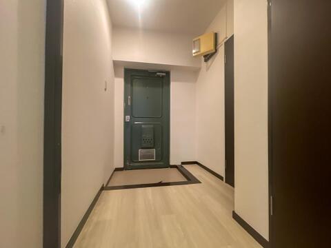 住まいの入り口である玄関です。緑色の玄関ドアがレトロで温かみのある印象を与えます。床はフローリング調に仕上げられており、室内へと続く空間に統一感を持たせたシンプルな造りです