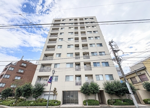 明るいベージュ系タイル貼りの外観が洗練された印象を与えます。規則的に並ぶバルコニーと端正なファサードが美しく、周囲の街並みにも上品に調和する端正でタイムレスな建築デザインです。