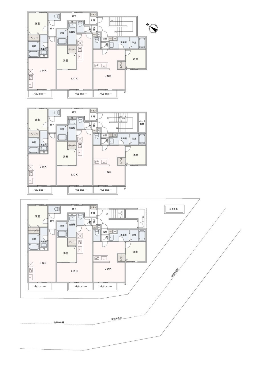 地上3階、総面積282.57㎡、1LDK×9部屋の間取りです。