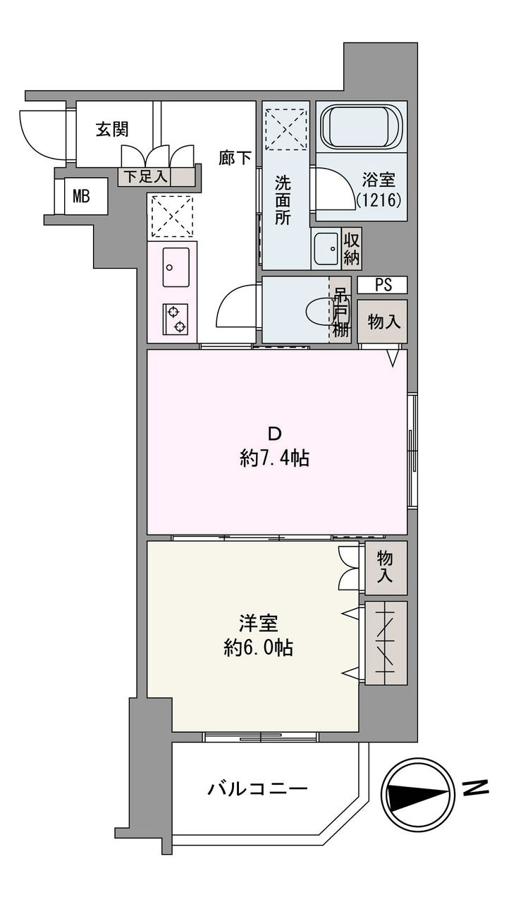東向きバルコニーに面した「1DK」。角住戸につき、心地よい風と自然光を取り込める設計です。玄関から居住スペースが見えづらい、プライバシーに配慮された間取りです。