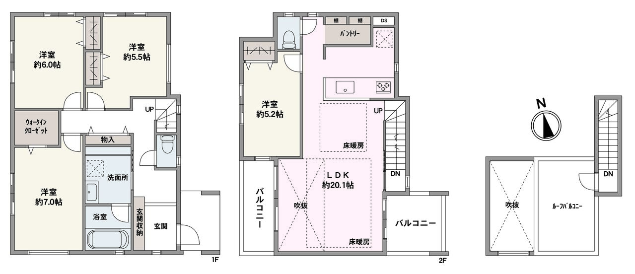 全居室2面以上の採光が確保され、自然な明るさが広がる住まい。LDKには吹抜けが採用されています。WICやパントリーなど室内の随所に収納が備わり、住空間をすっきりと保ちやすい設計です。