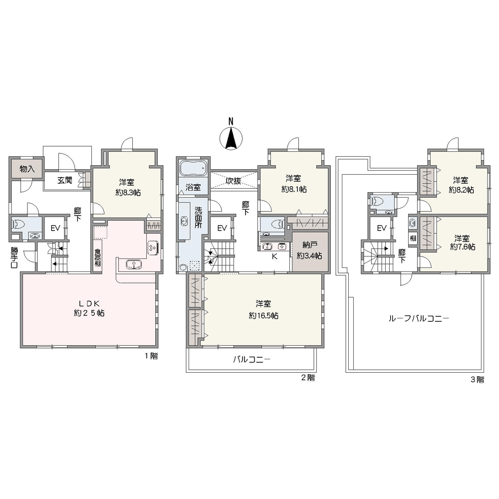 家族が集うLDKは約25帖のゆとりある広さ。ルーフバルコニーが備わった開放的な5LDK+Sの住まいです。全居室・玄関・廊下に収納が備わっています。