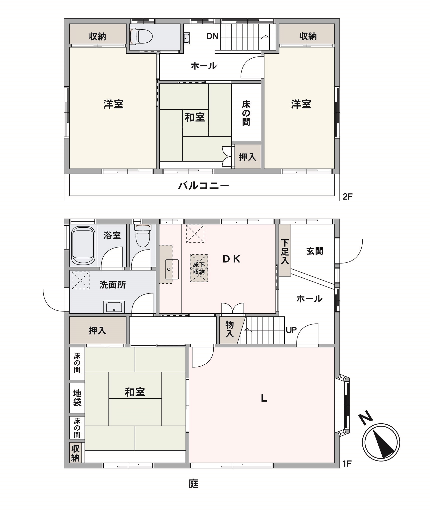 【間取図】南西向きの庭とバルコニーが設けられた、開放的な住まい。リビングと1階和室は一体利用が可能です。キッチンは空間を有効活用できる壁付けタイプ。トイレ・洗面化粧台は各階に設けられています。