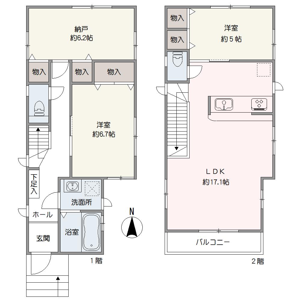 プライバシーが守られやすい2階LDK。南向き&高台立地につき、陽当たり・風通しともに良好です。1台分のカースペースあり(車種による)。
