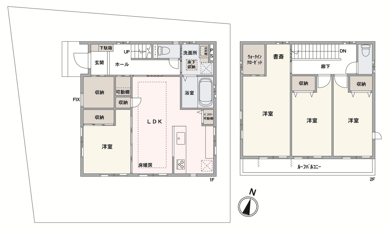 全居室南向き＆ルーフバルコニーが備わった、陽当たり・通風良好な住まい。LD部分には床暖房が設置されています。全居室に収納が備わり、住空間を有効に使える間取りです。