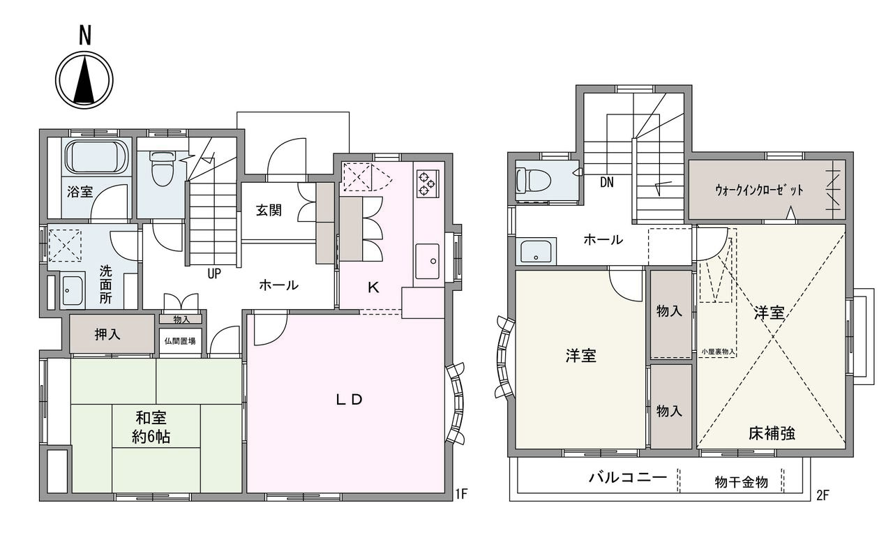 全居室2面以上の採光が確保され、陽当り・通風良好の3LDK。WIC、小屋裏物入、玄関収納など収納が豊富で、整理整頓しやすそうです。トイレ・洗面台は各階に備わっています。
