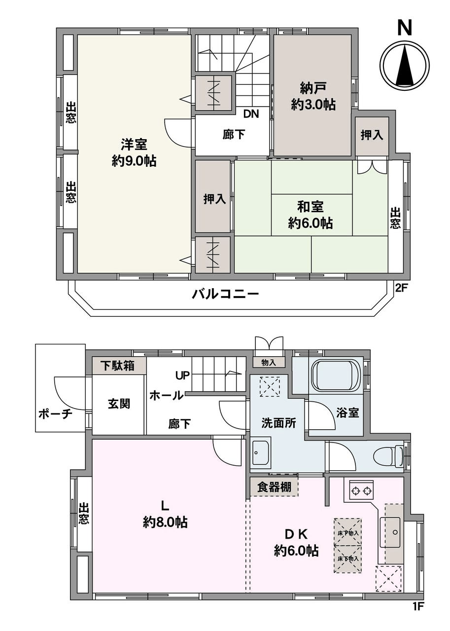 水回りが集約され、家事動線がスムーズな設計です。2階の約9.0帖の洋室は、広さにゆとりがあり、主寝室としておすすめのお部屋です。