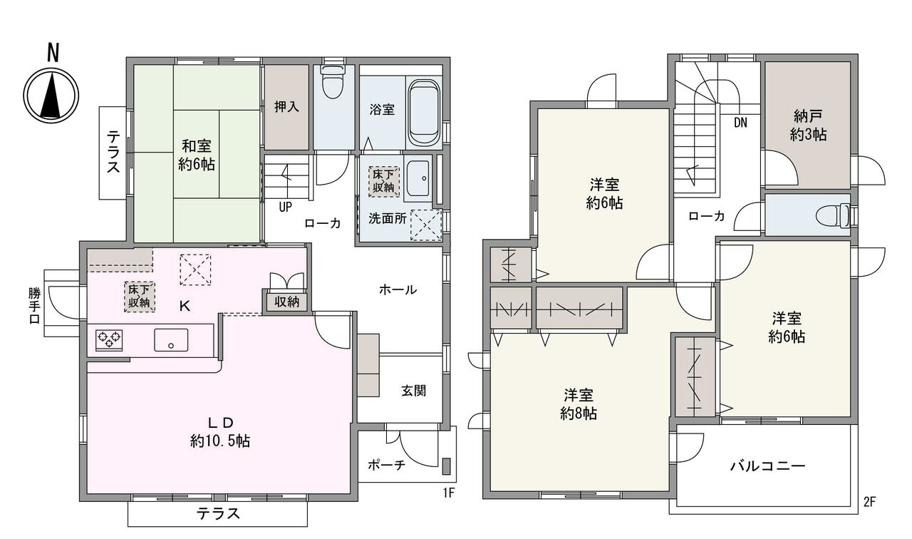南側にテラスとバルコニーが設けられた住まい。全居室2面以上の採光が確保され、心地よい陽光と風が巡ります。LDは約10.5帖の広さで、対面式のキッチンが採用されています。