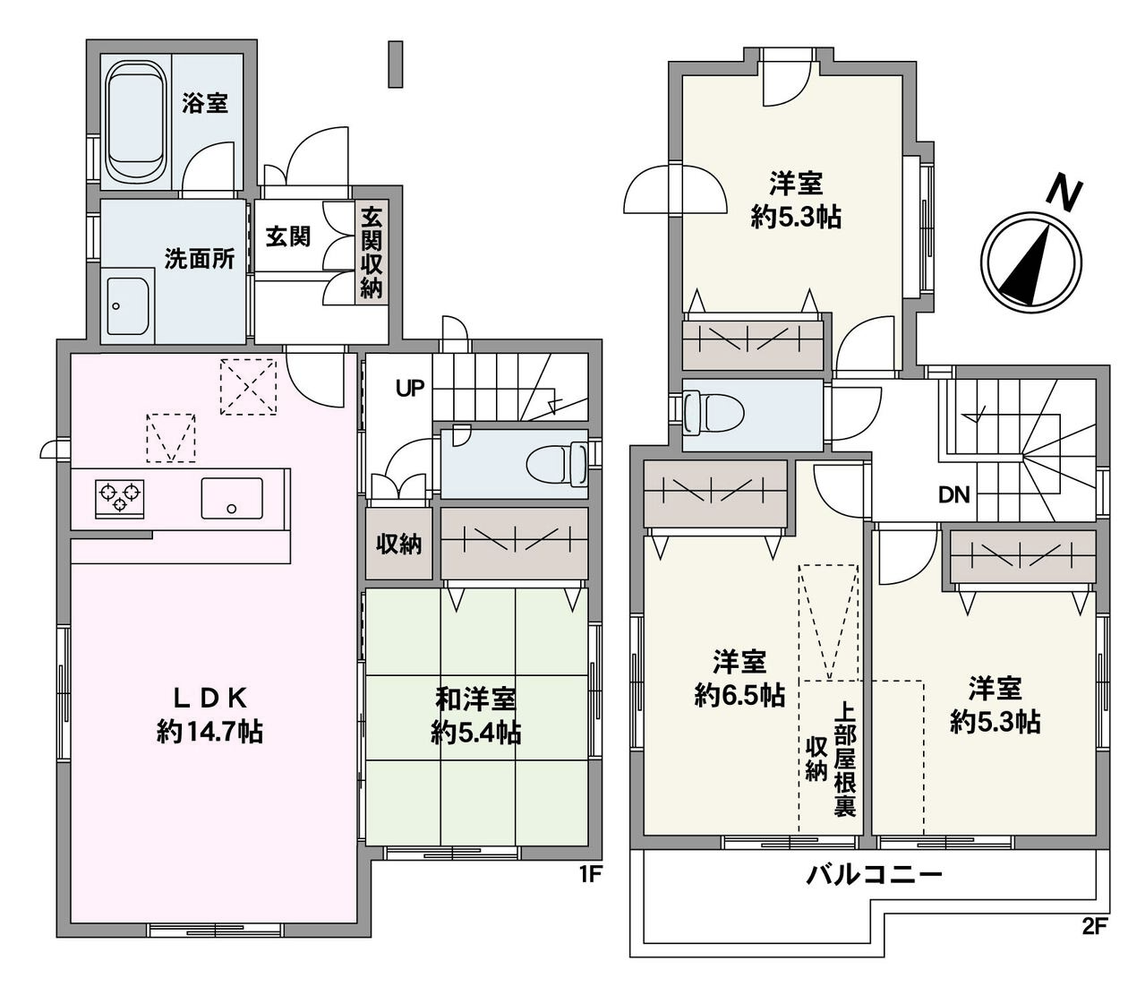 LDKと和洋室は一体利用が可能。20帖超えの広々空間をお楽しみいただけます。2階洋室は収納付き。バルコニーは採光条件の良い南東側に設置されています。