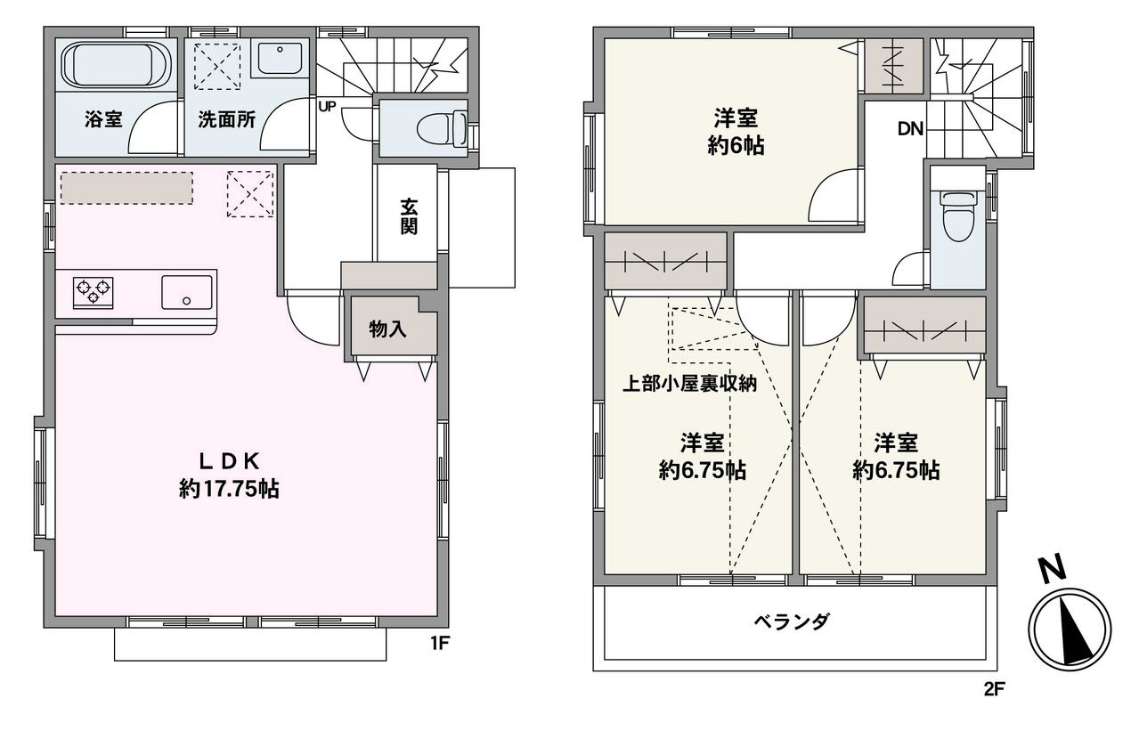 約17.75帖のLDKは3面採光で通風良好です。小屋裏収納をはじめ、全居室収納付きなので、住空間をきれいに保てそうです。対面式キッチンで自然とご家族とのコミュニケーションが増えそうです。
