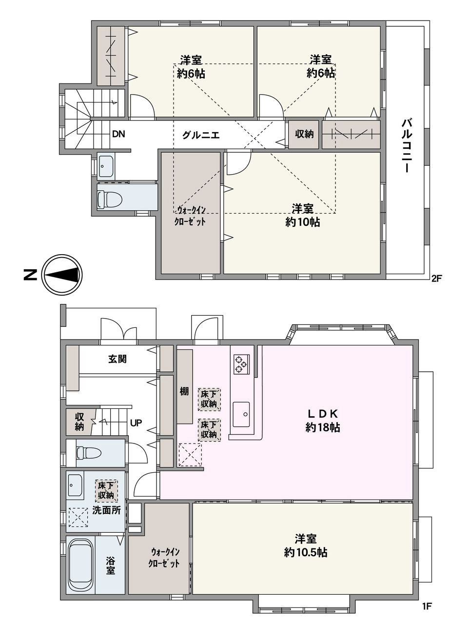 南向きの陽当り良好な住まい。WICやグルニエ、床下収納が備わっており、収納力があります。約18帖のLDKは、ダイニングセットとソファを置いてもゆとりの感じられる広さです。