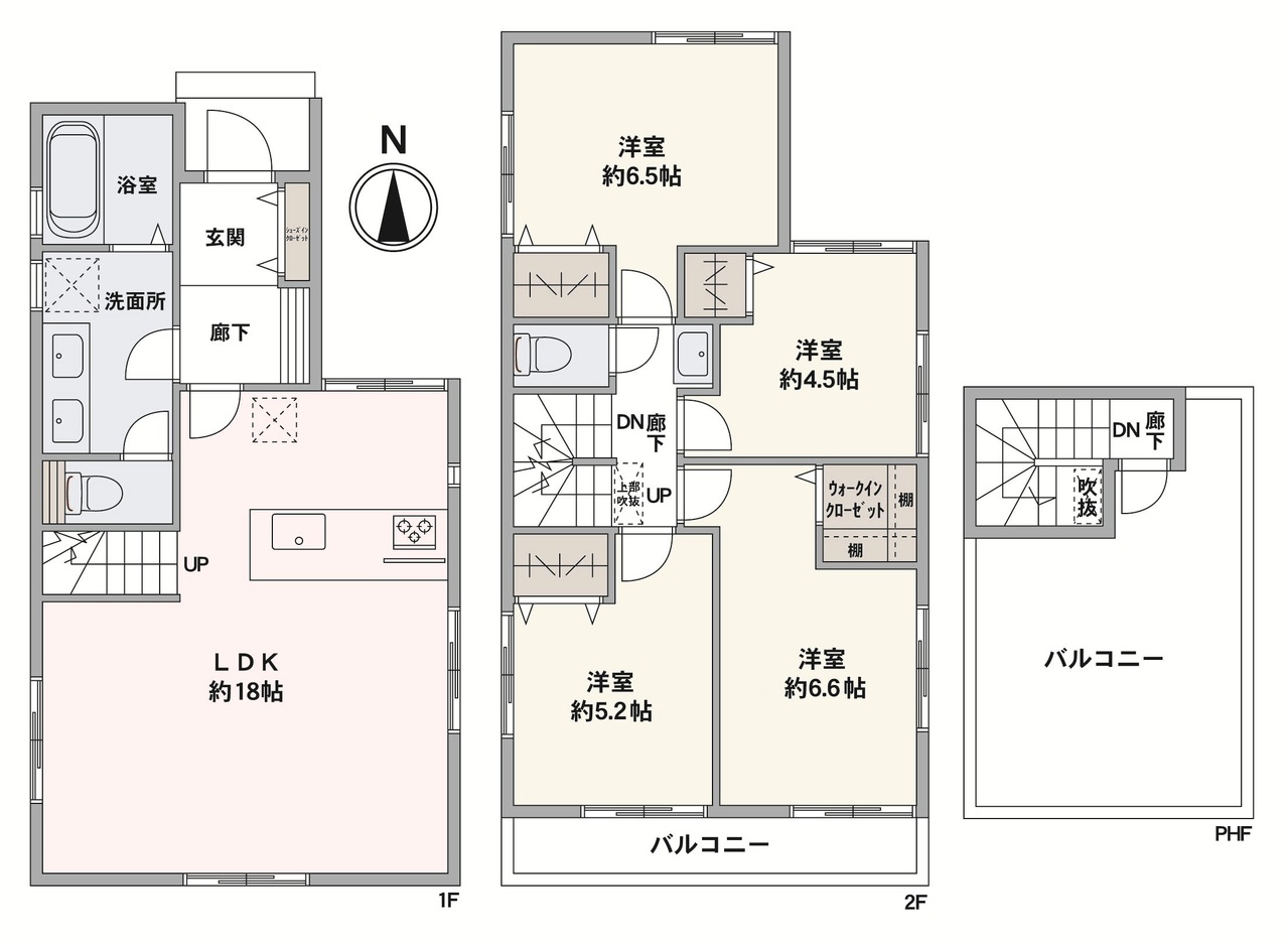 リビング階段と対面式キッチンが採用された、ご家族の会話が自然と増える間取り設計。全洋室に収納が備わっており、住空間をきれいに保つことができます。お家時間の楽しみが広がる屋上ルーフバルコニー付き。