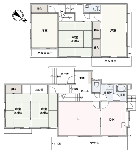 居室の数が多く、ご家族それぞれのプライベート空間を確保しやすい間取りです。各和室は6帖以上の広さがあるなど、ゆったりと過ごせそうです。