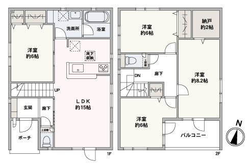 南向き、98.00㎡、4LDKの戸建です。1階に1部屋、2階に3部屋の使いやすい間取が特徴的な住宅です。