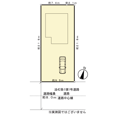 区画図です。間口は約9.5ｍ。玄関までのアプローチは約10.7ｍあります。3台駐車可能、物置を置いても十分なスペースです。