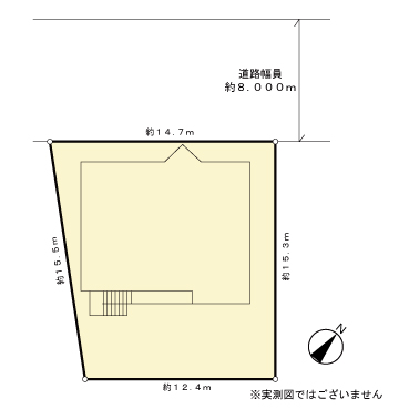 敷地の区画と配置図です。建物の裏手、南側には庭もあり、草花や家庭菜園、BBQなどをするスペースもあります。