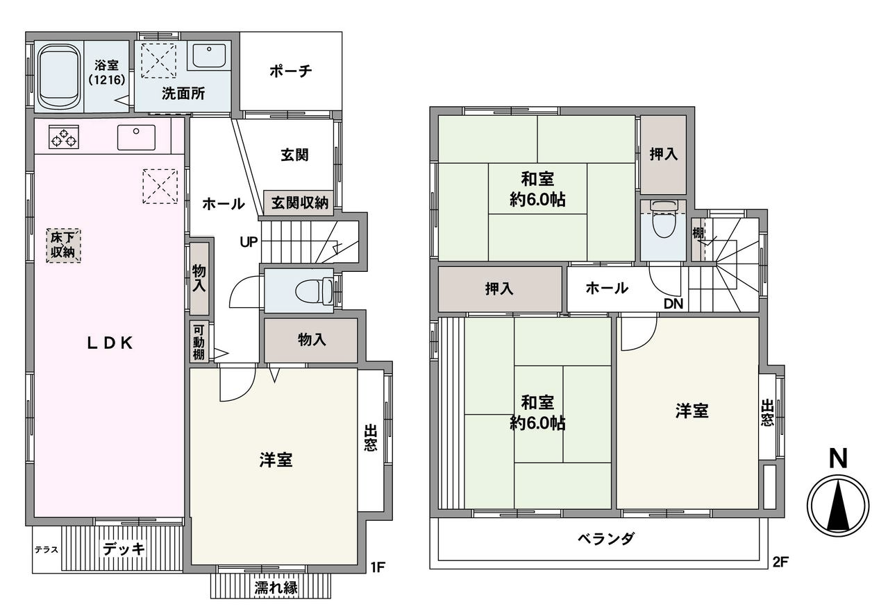 全居室2面採光。洋室2部屋+和室2部屋が配置されています。LDK・1階洋室・各和室に、収納スペース有。各洋室は出窓付きです。2階南側に、ベランダが設けられています。