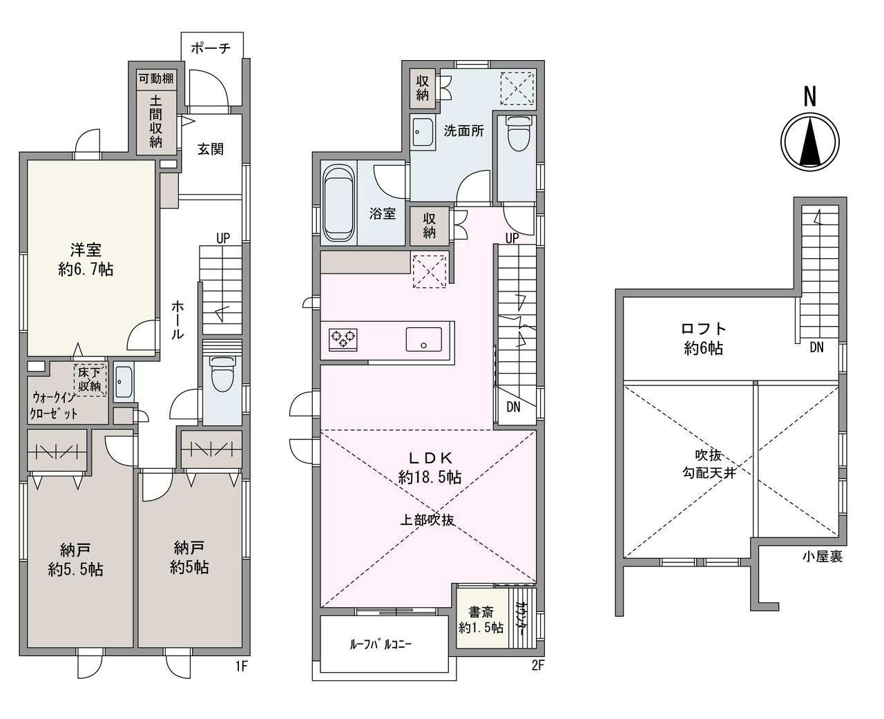 1LDK+2Nの新築一戸建て。18帖超のLDKは、一部吹抜け仕様で、明るく開放的な空間。WIC、ロフトスペース、土間収納など、ご家族に嬉しい豊富な収納が魅力です◎