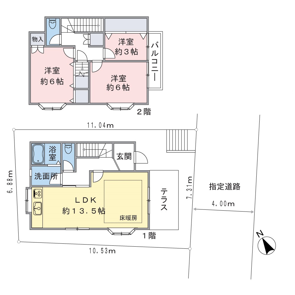 居住空間と道路に高低差があり、のびのびと過ごせる「3LDK」の戸建て。水回りが1階に集約され、生活動線がスムーズです。ご家族それぞれがプライベートな時間を大切にできる、洋室3部屋が設けられています。