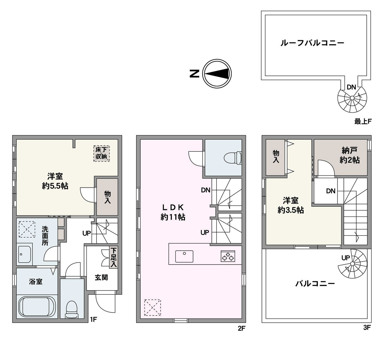 開放感のあるルーフバルコニーが設けられた、軽量鉄骨造3階建「2LDK」の住まい。対面式キッチンやリビング階段が採用され、ご家族のコミュニケーションが深まる間取り設計です。
