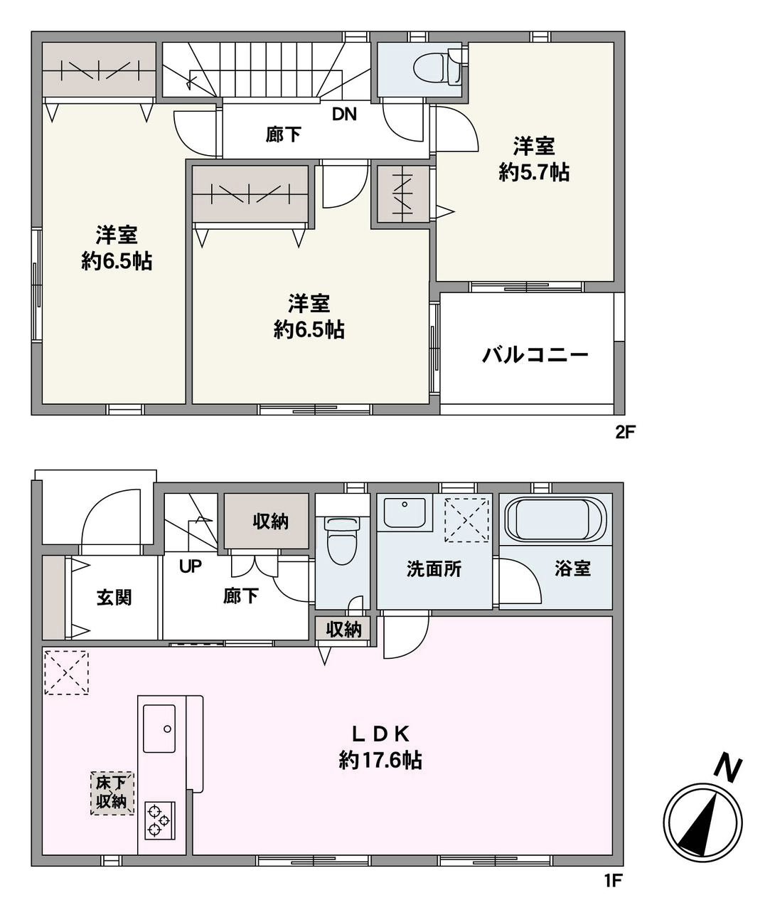 17帖超のLDKは南東向きで、明るく開放的な空間です。キッチンからリビングの様子が見えるので、ご家族同士で会話が弾みやすい間取りです。