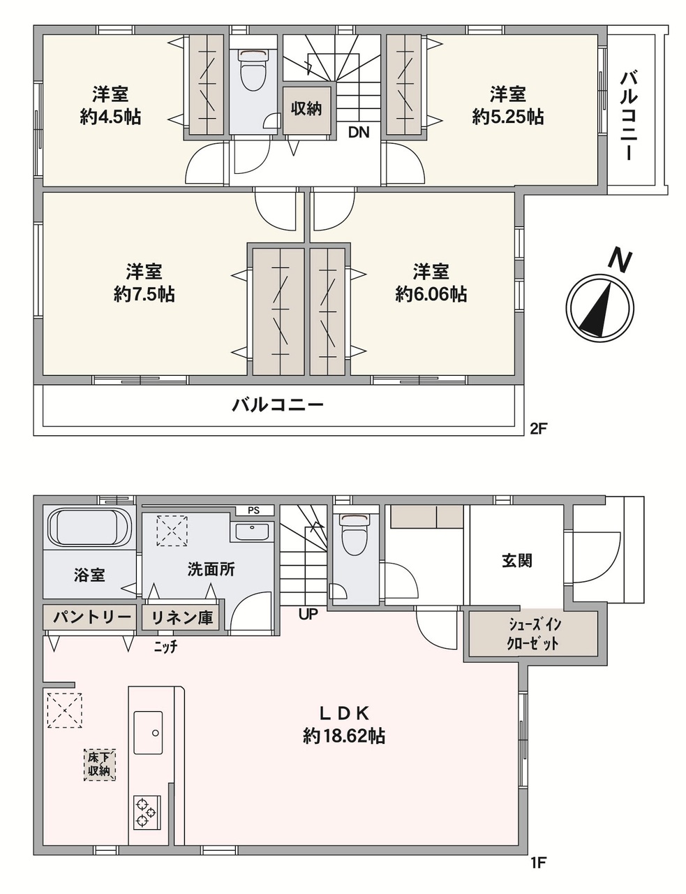 ご家族の気配を感じることができる、リビング階段が採用されています。全居室収納なので、すっきりとした住空間を実現できそうです。玄関から直接室内が見えにくい設計で、プライバシー面も配慮されています。