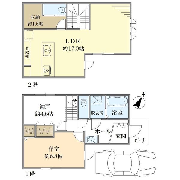 建物延床面積：74.52㎡（1階：37.26㎡、2階：37.26㎡）