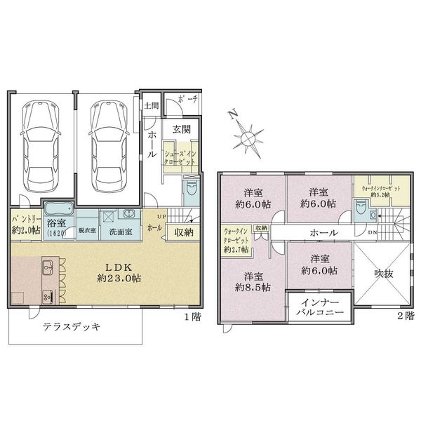 【建築参考プラン（間取図）】建物延床面積209.43㎡、各床面積1階124.94㎡、2階84.49㎡