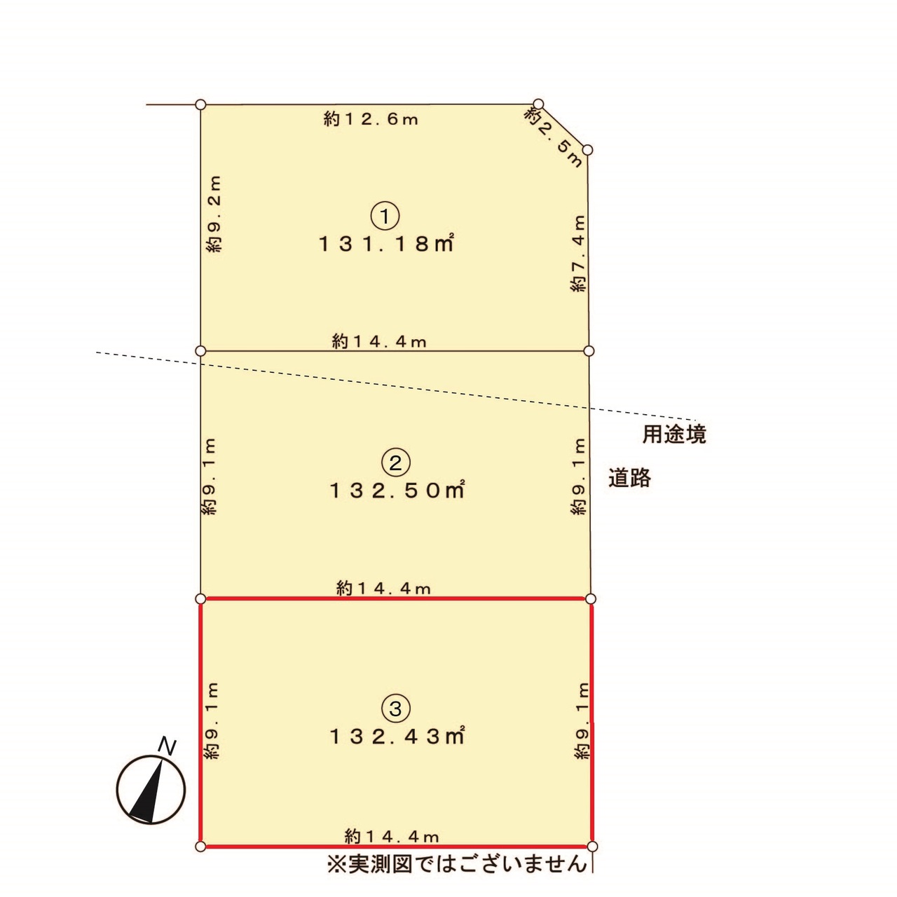 【全体区画図】前面道路幅員は北東側約5.4mです。様々なプランをご検討いただける整形地です。建築プランの幅も広がります。詳しくはお問い合わせください。