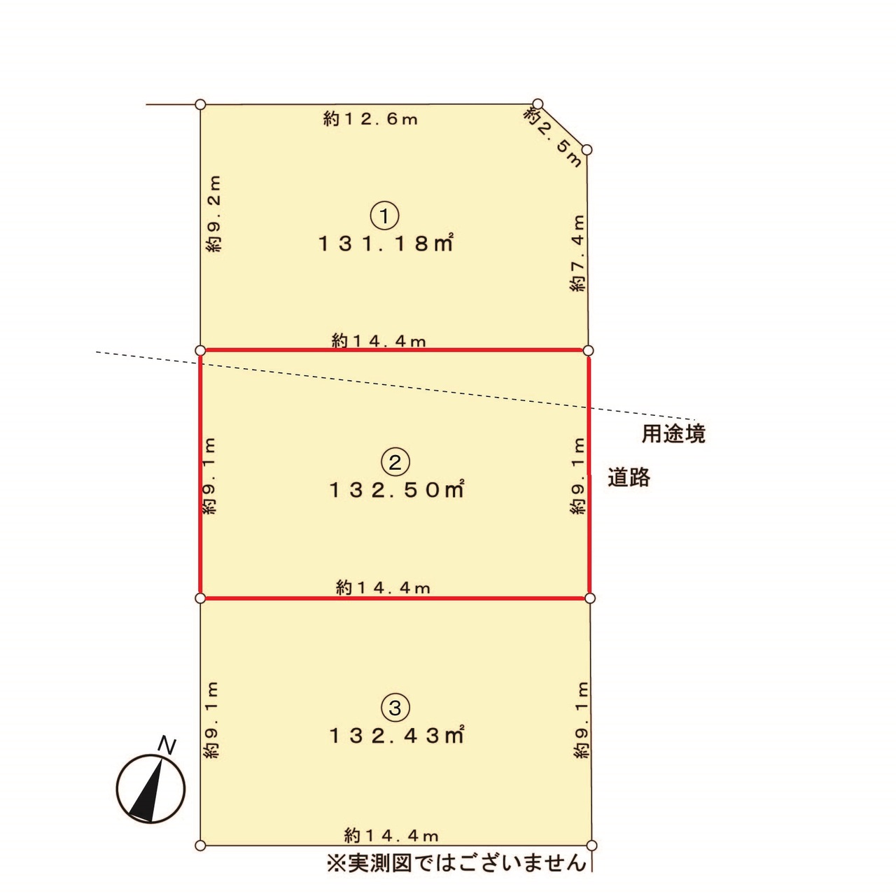 【全体区画図】陽当り良好な、全3区画の分譲地が誕生しました。区画2は、敷地全体を有効活用しやすい整形地です。
