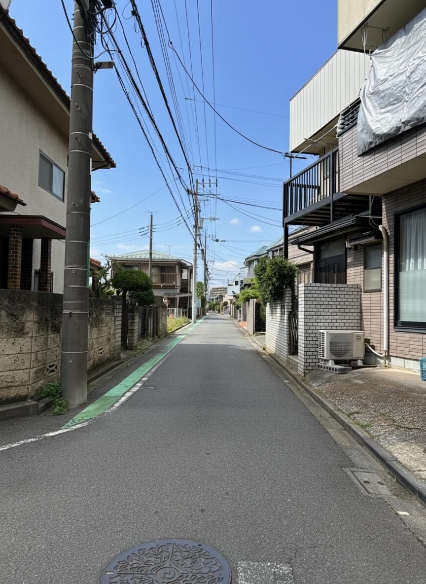 【前面道路含む現地写真】北東側の前面道路の様子。公営水道・都市ガス・本下水に対応しています。