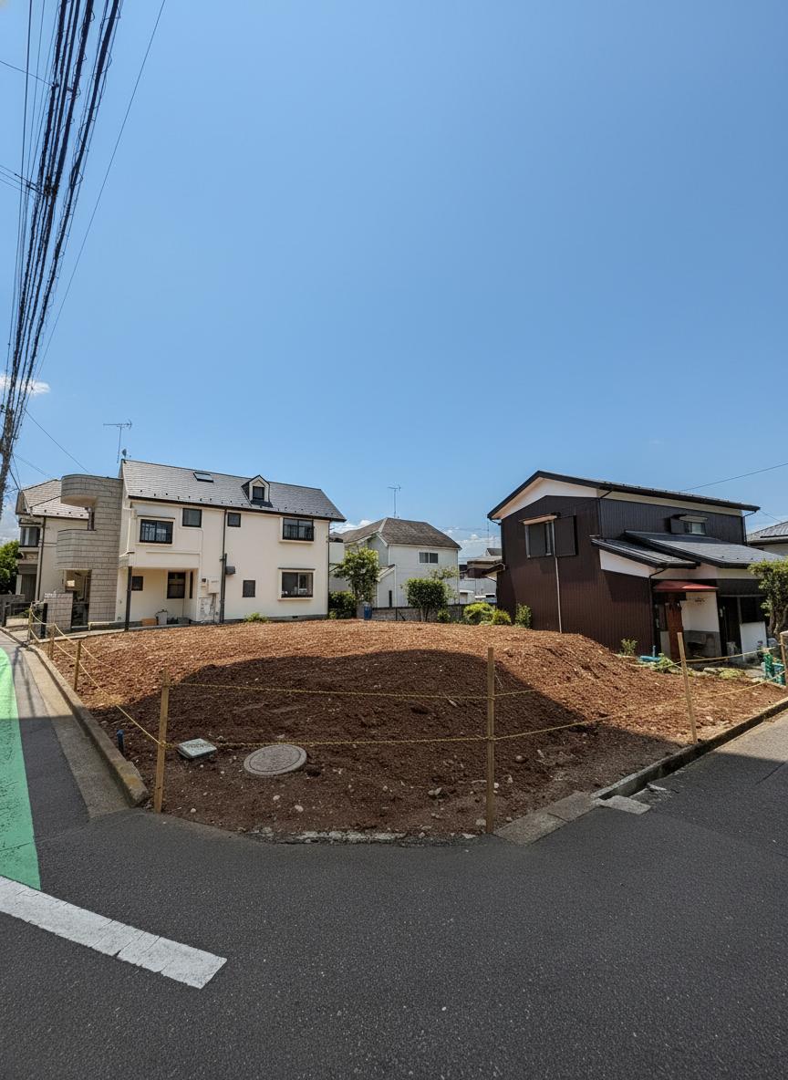 【現地土地写真】現況古家有。周囲には既に建物が建っており、実際の陽当りや隣地との間隔などを考慮した住まいをご建築いただけます。
