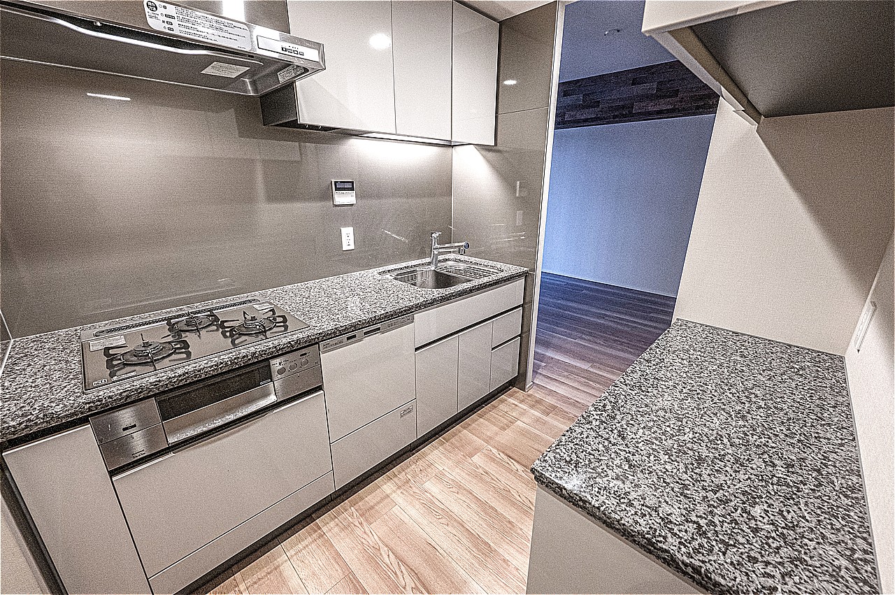 LD側からは見えにくい造りのクローズドキッチン。ディスポーザーや食器洗乾燥機が備わっており、家事の時短が叶います。