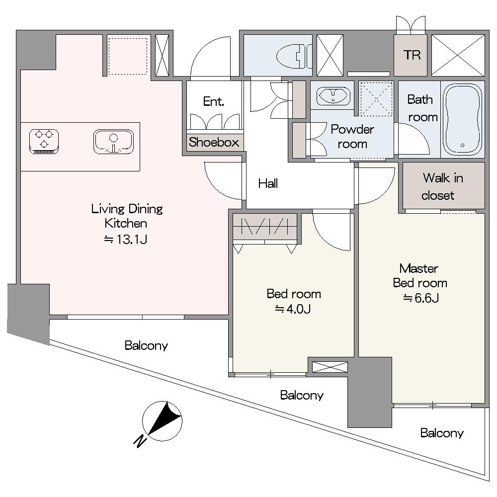 全居室がバルコニーに面した、開放感のある住まい。キッチンは対面式が採用されています。各洋室や廊下、洗面室など随所に収納が設けられており、住空間を有効に使える間取りです。