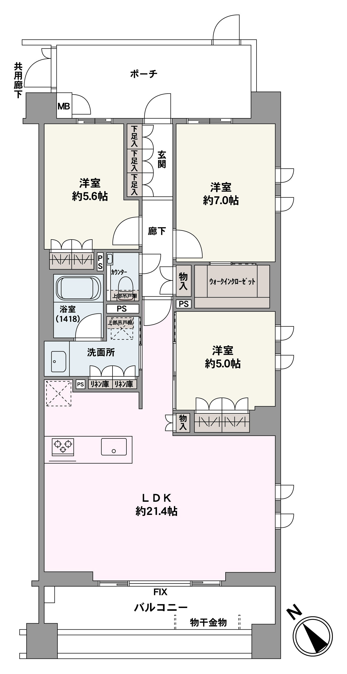 南西向き角部屋の3LDK。各居室の収納やリネン庫など豊富な収納がございます！