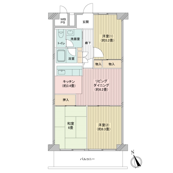 専有面積61.60㎡　バルコニー面積7.84㎡　3DK