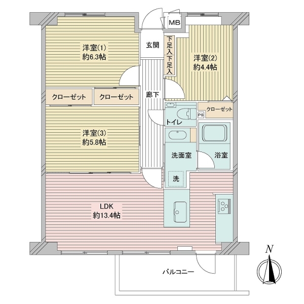 3ＬＤＫ・65.29㎡・南向き住戸