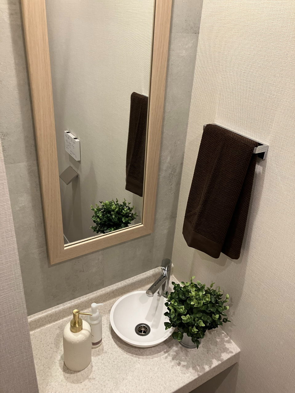 玄関の近くに配置され、お出かけの身支度と合わせて利用しやすいトイレです。鏡と独立した手洗い器が設置されています。