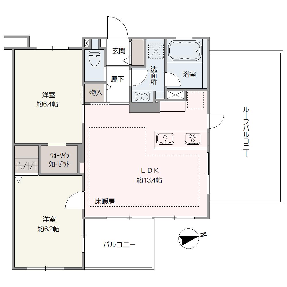 LDKは約13.4帖の広さ。全洋室がLDKに面しており、家族との繋がりが感じられる間取り設計です。WICを含め室内随所に収納が設けられており、住空間を有効活用できます。